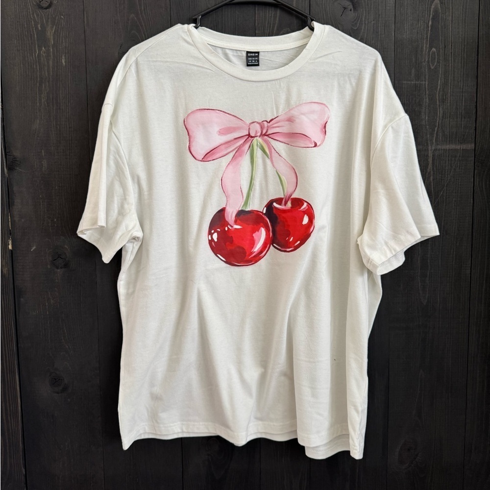 SHEIN White Tee with Cherry and Pink Bow Design - Picture 1 of 3
